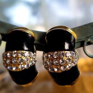 Black and Gold Enamel Clip-On Earrings with Rhinestones